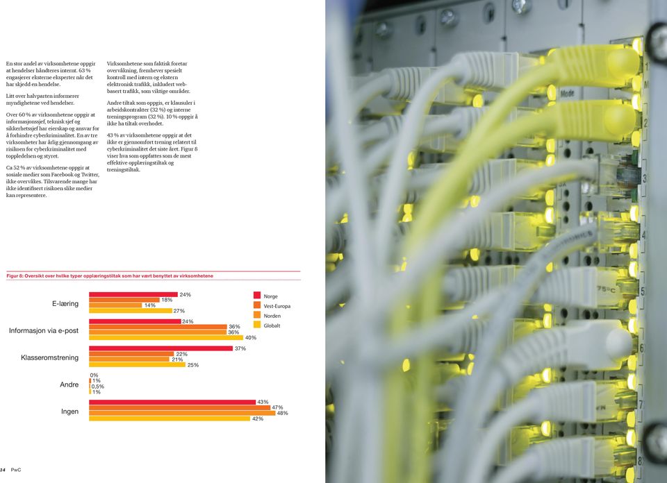 En av tre virksomheter har årlig gjennomgang av risikoen for cyberkriminalitet med toppledelsen og styret. Ca 52 % av virksomhetene oppgir at sosiale medier som Facebook og Twitter, ikke overvåkes.