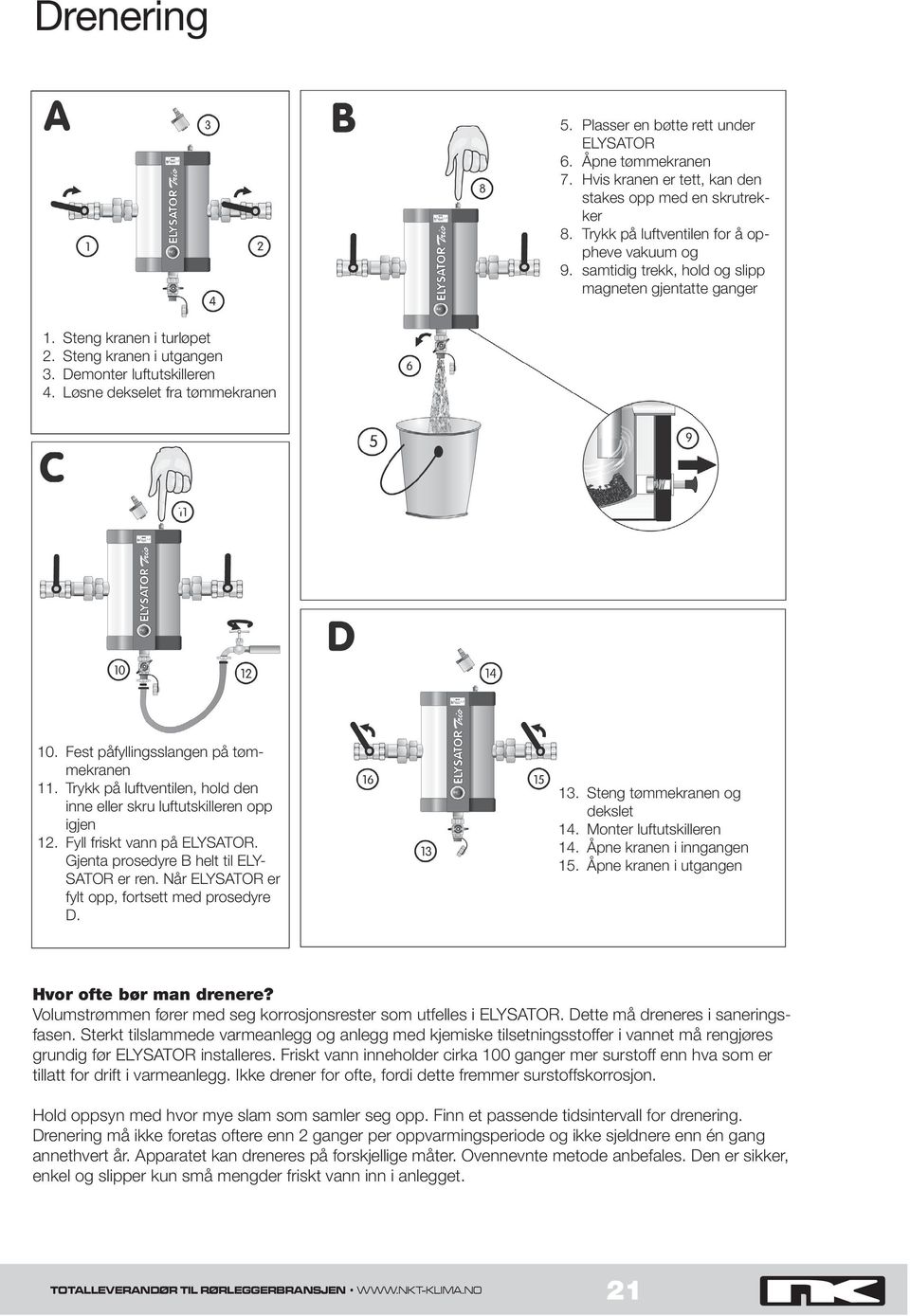 Fest påfyllingsslangen på tømmekranen 11. Trykk på luftventilen, hold den inne eller skru luftutskilleren opp igjen 12. Fyll friskt vann på ELYSATOR. Gjenta prosedyre B helt til ELY- SATOR er ren.