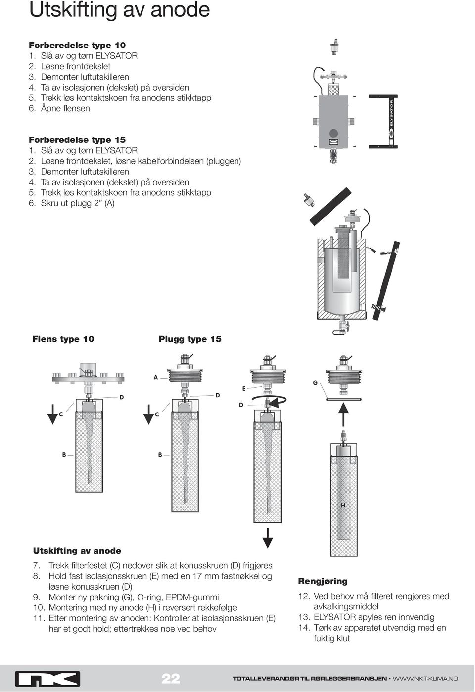 Ta av isolasjonen (dekslet) på oversiden 5. Trekk løs kontaktskoen fra anodens stikktapp 6. Skru ut plugg 2 (A) Flens type 10 Plugg type 15 Utskifting av anode 7.
