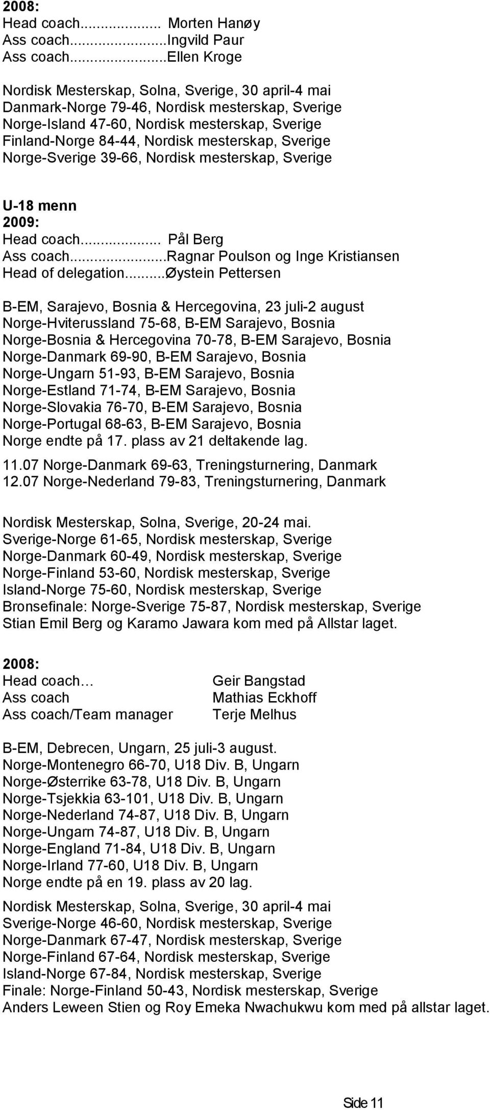 mesterskap, Sverige Norge-Sverige 39-66, Nordisk mesterskap, Sverige U-18 menn 2009: Head coach... Pål Berg Ass coach...ragnar Poulson og Inge Kristiansen Head of delegation.