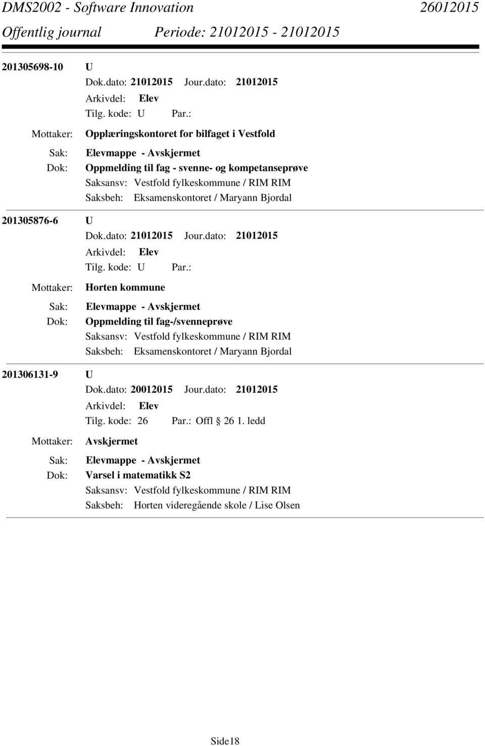 fag-/svenneprøve 201306131-9 U Dok.dato: 20012015 Jour.dato: 21012015 Tilg.