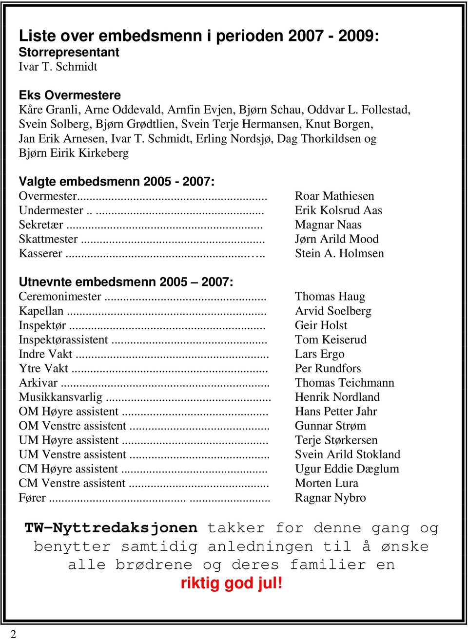Schmidt, Erling Nordsjø, Dag Thorkildsen og Bjørn Eirik Kirkeberg Valgte embedsmenn 2005-2007: Overmester... Undermester..... Sekretær... Skattmester... Kasserer.