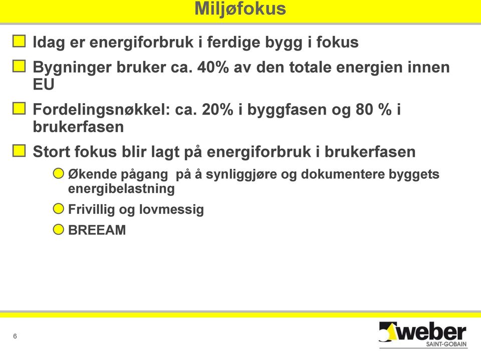 20% i byggfasen og 80 % i brukerfasen Stort fokus blir lagt på energiforbruk i