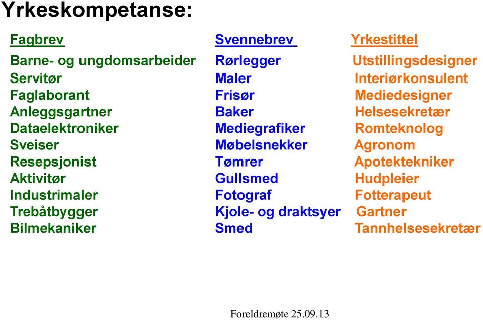 Mediegrafiker Romteknolog Sveiser Møbelsnekker Agronom Resepsjonist Tømrer Apotektekniker Aktivitør Gullsmed