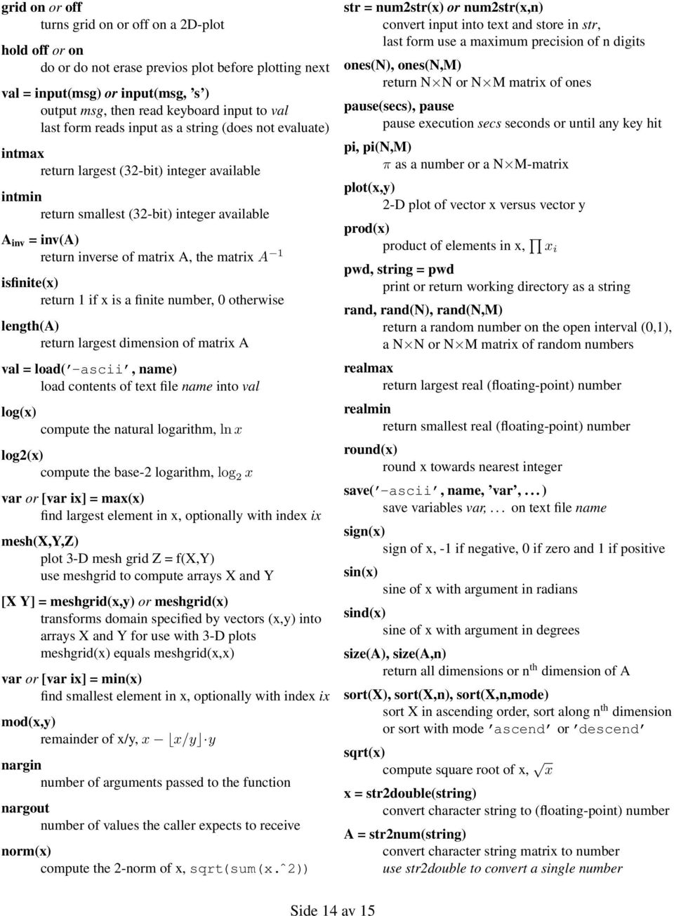 matrix A 1 isfinite(x) return 1 if x is a finite number, 0 otherwise length(a) return largest dimension of matrix A val = load( -ascii, name) load contents of text file name into val log(x) compute