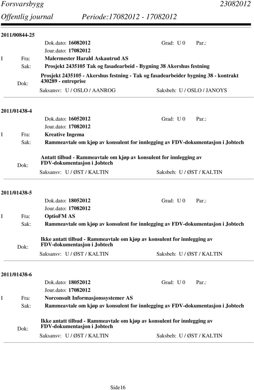 : I Fra: Kreative Ingema Sak: Rammeavtale om kjøp av konsulent for innlegging av FDV-dokumentasjon i Jobtech Antatt tilbud - Rammeavtale om kjøp av konsulent for innlegging av FDV-dokumentasjon i