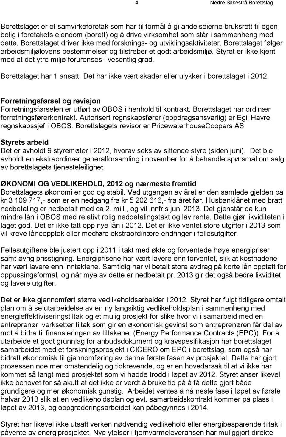 Styret er ikke kjent med at det ytre miljø forurenses i vesentlig grad. Borettslaget har 1 ansatt. Det har ikke vært skader eller ulykker i borettslaget i 2012.