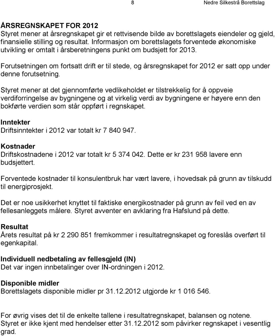 Forutsetningen om fortsatt drift er til stede, og årsregnskapet for 2012 er satt opp under denne forutsetning.