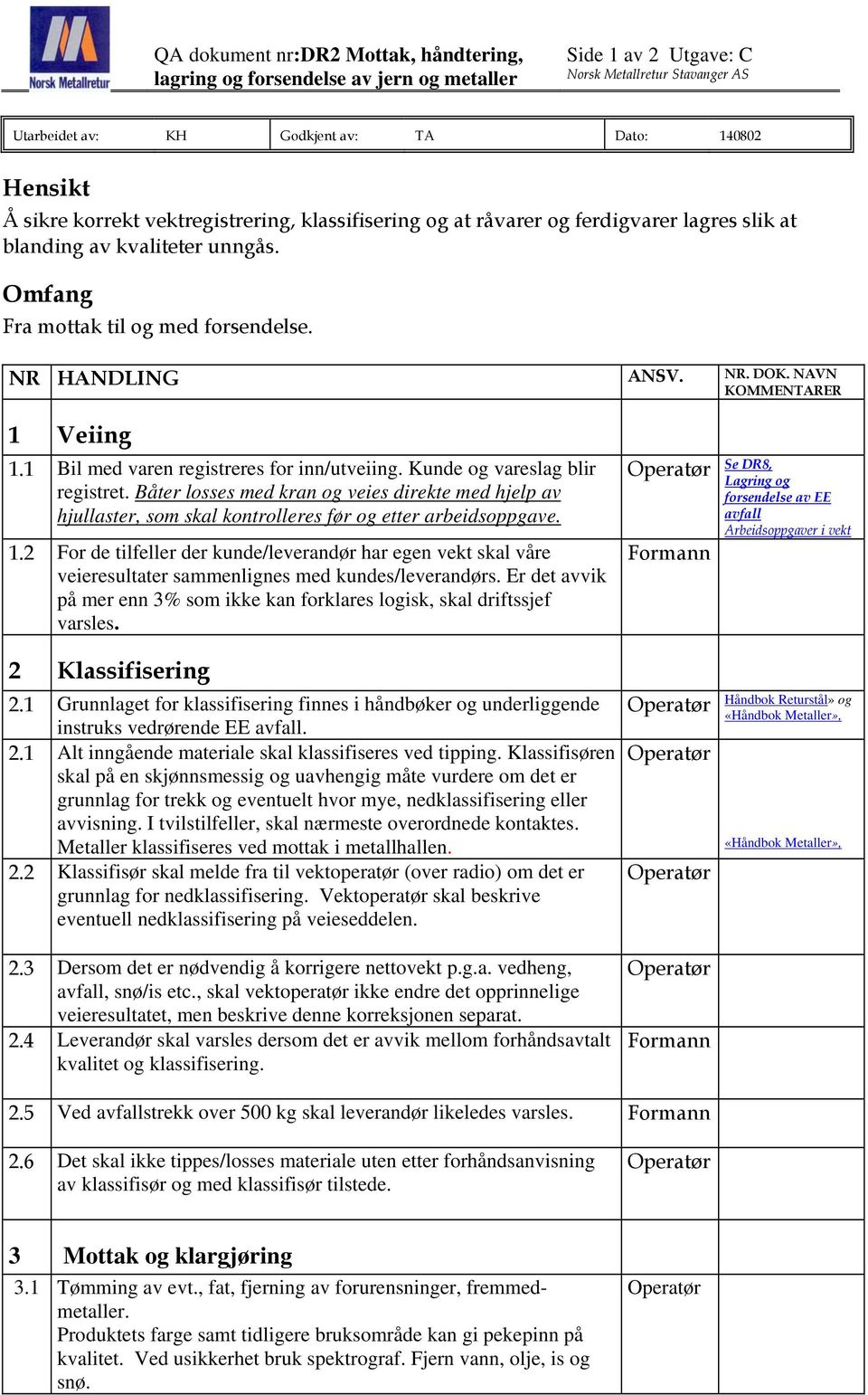 NAVN KOMMENTARER 1 Veiing 1.1 Bil med varen registreres for inn/utveiing. Kunde og vareslag blir registret.