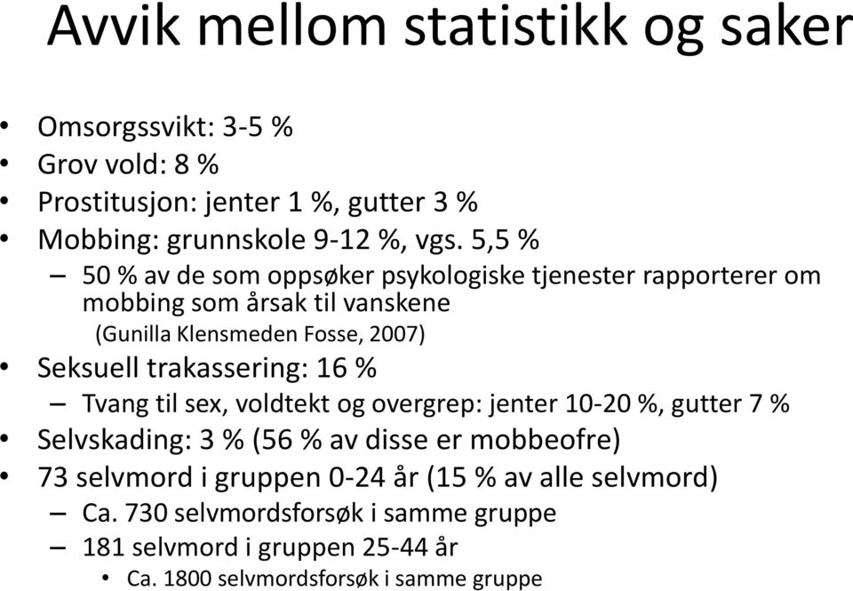 trakassering: 16 % Tvang til sex, voldtekt og overgrep: jenter 10-20 %, gutter 7 % Selvskading: 3 % (56 % av disse er mobbeofre) 73 selvmord i