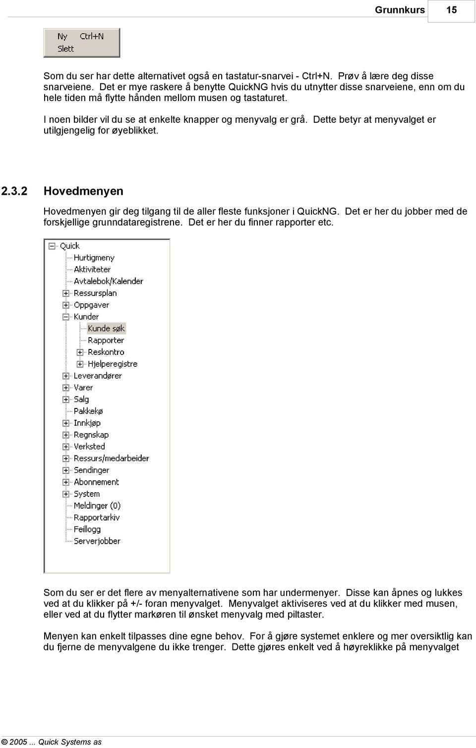 Dette betyr at menyvalget er utilgjengelig for øyeblikket. 2.3.2 Hovedmenyen Hovedmenyen gir deg tilgang til de aller fleste funksjoner i QuickNG.