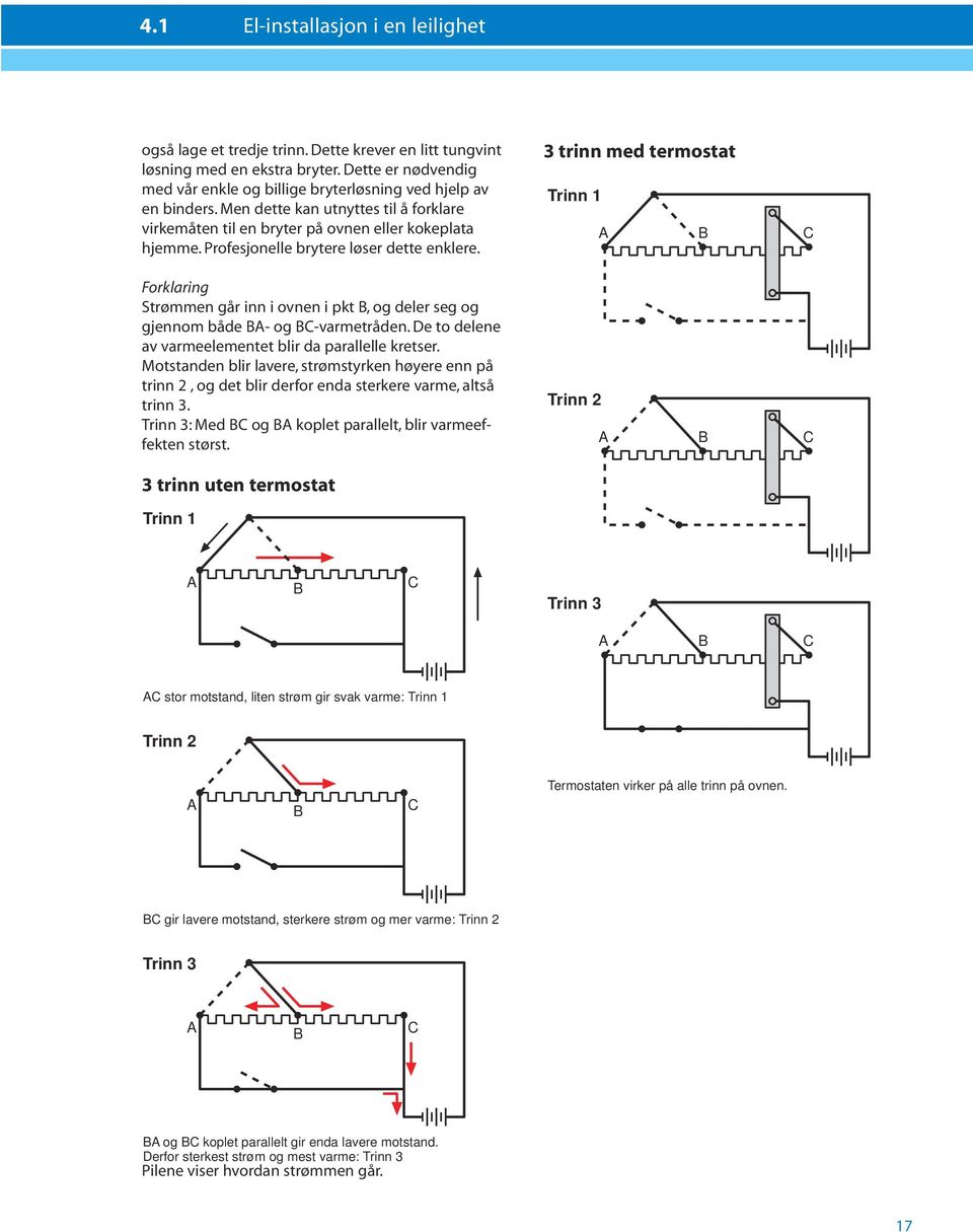 Profesjonelle brytere løser dette enklere. Forklaring Strømmen går inn i ovnen i pkt B, og deler seg og gjennom både BA- og BC-varmetråden. De to delene av varmeelementet blir da parallelle kretser.
