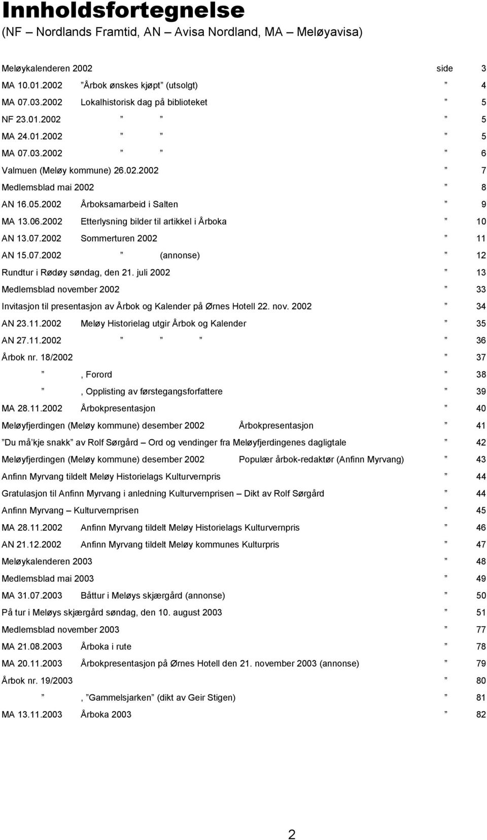 2002 Etterlysning bilder til artikkel i Årboka 10 AN 13.07.2002 Sommerturen 2002 11 AN 15.07.2002 (annonse) 12 Rundtur i Rødøy søndag, den 21.