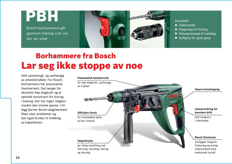 Der har ingen slagbormaskin den minste sjanse. I tillegg fjerner Bosch-slaghammere fliser uten problemer og kan også brukes til trekking av kabelslisser.