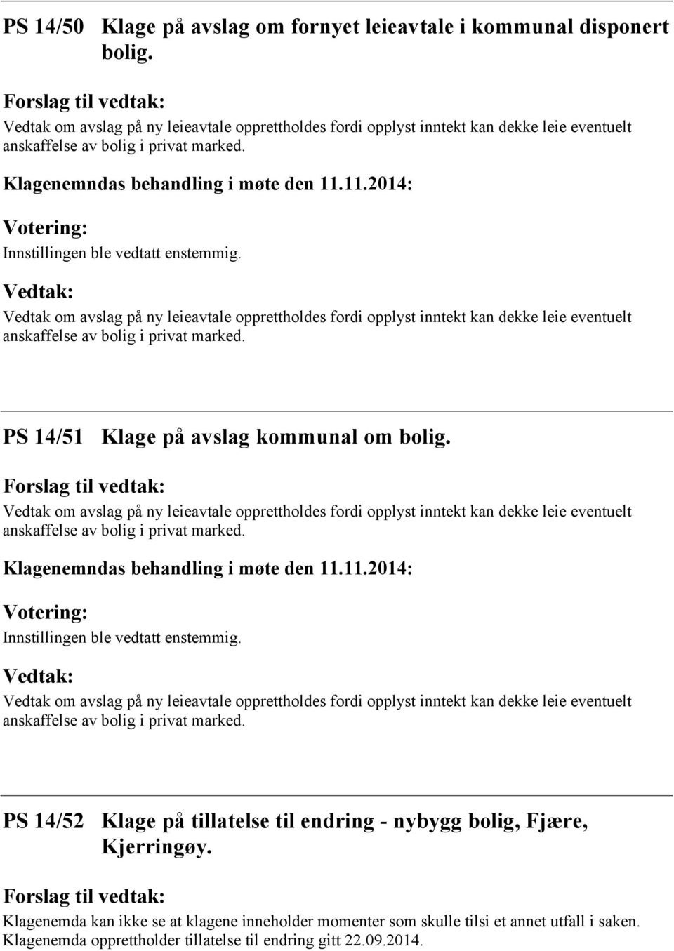 PS 14/52 Klage på tillatelse til endring - nybygg bolig, Fjære, Kjerringøy.