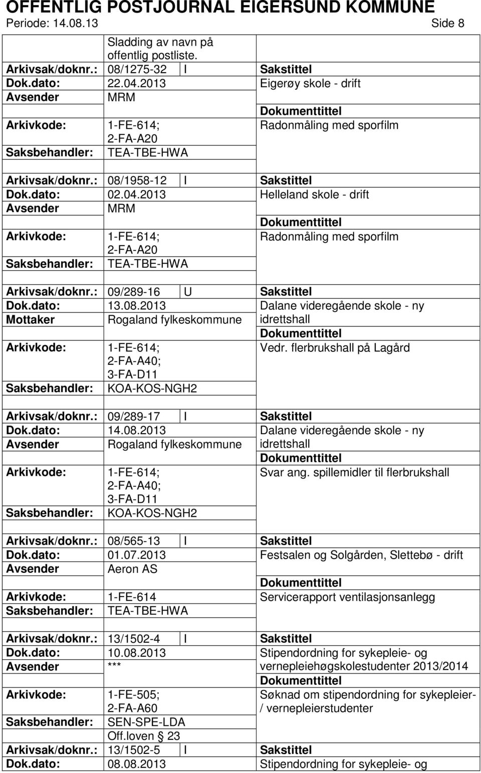 : 09/289-16 U Sakstittel Dalane videregående skole - ny Rogaland fylkeskommune idrettshall 1-FE-614; 2-FA-A40; 3-FA-D11 Vedr. flerbrukshall på Lagård KOA-KOS-NGH2 Arkivsak/doknr.