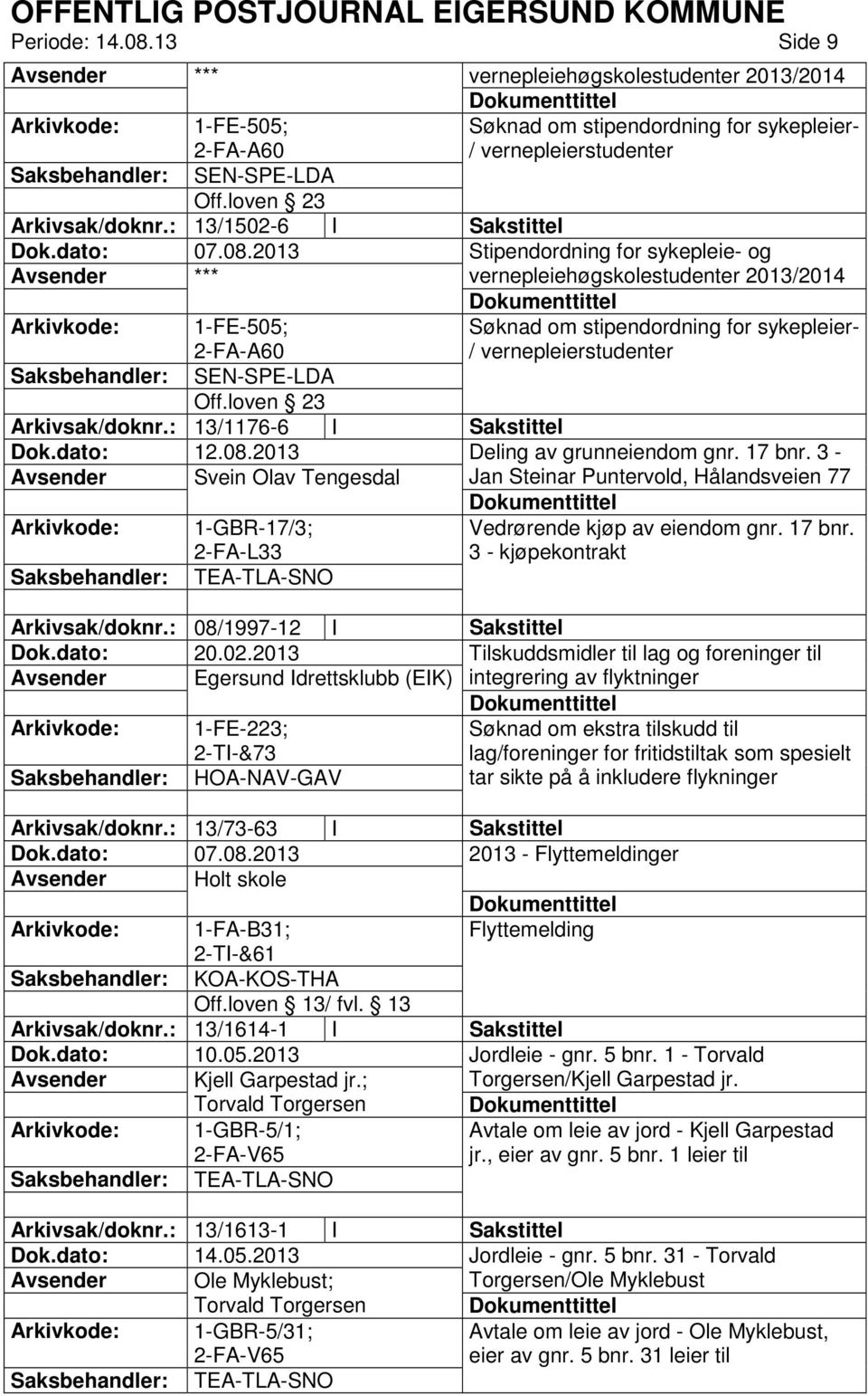 2013 Stipendordning for sykepleie- og vernepleiehøgskolestudenter 2013/2014 1-FE-505; 2-FA-A60 Søknad om stipendordning for sykepleier- / vernepleierstudenter SEN-SPE-LDA Off.loven 23 Arkivsak/doknr.