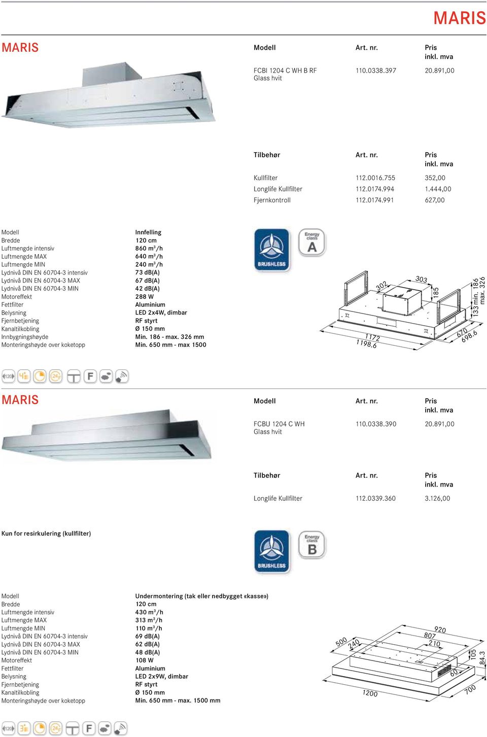 991 627,00 Innfelling Bredde 120 cm Luftmengde intensiv 860 m 3 /h Luftmengde MAX 640 m 3 /h Luftmengde MIN 240 m 3 /h Lydnivå DIN EN 60704-3 intensiv 73 db(a) Lydnivå DIN EN 60704-3 MAX 67 db(a)