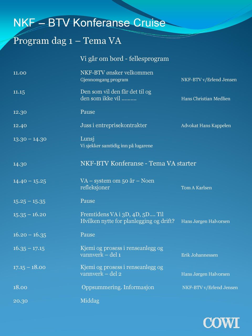 30 NKF-BTV Konferanse - Tema VA starter 14.40 15.25 VA system om 50 år Noen refleksjoner Tom A Karlsen 15.25 15.35 Pause 15.35 16.20 Fremtidens VA i 3D, 4D, 5D.