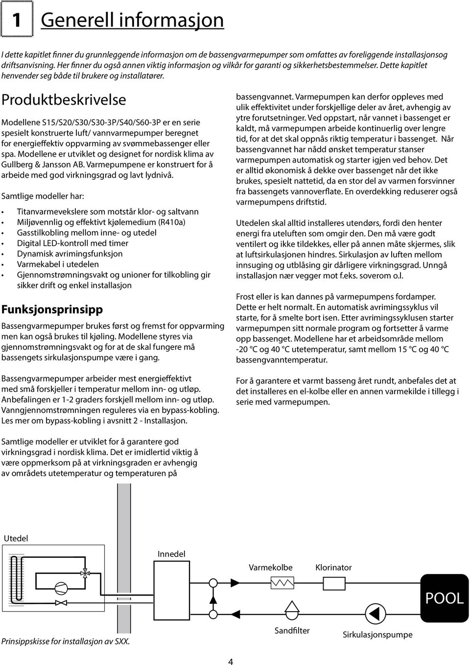 Produktbeskrivelse Modellene S15/S20/S30/S30-3P/S40/S60-3P er en serie spesielt konstruerte luft/ vannvarmepumper beregnet for energieffektiv oppvarming av svømmebassenger eller spa.