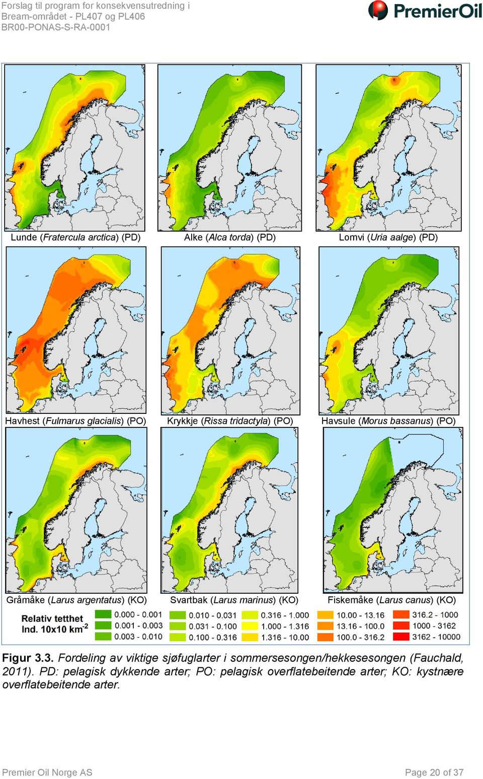 Fiskemåke (Larus canus) (KO) Figur 3.3. Fordeling av viktige sjøfuglarter i sommersesongen/hekkesesongen (Fauchald, 2011).