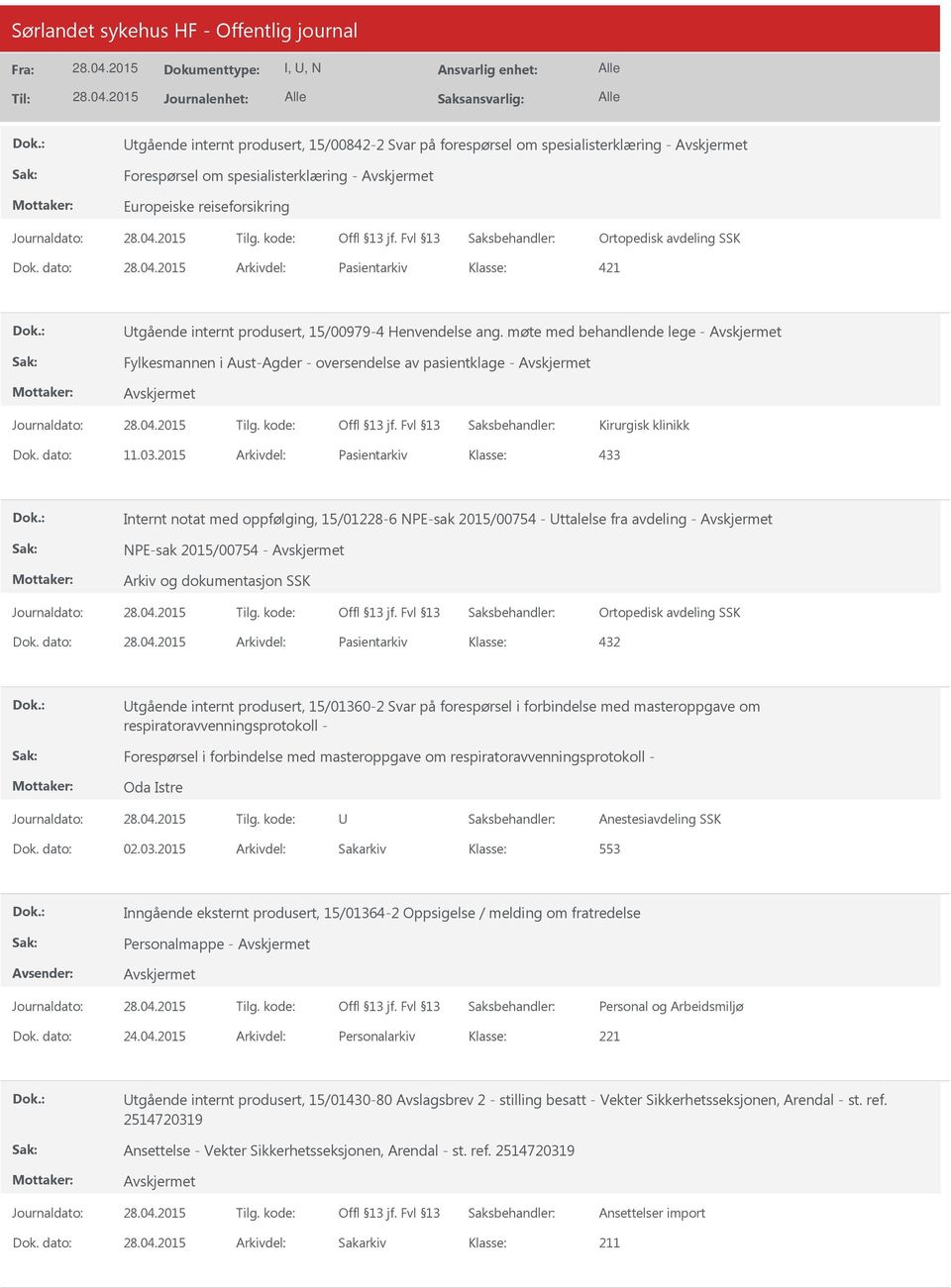 dato: 11.03.2015 Arkivdel: Pasientarkiv 433 Internt notat med oppfølging, 15/01228-6 NPE-sak 2015/00754 - ttalelse fra avdeling - NPE-sak 2015/00754 - Ortopedisk avdeling SSK Dok.