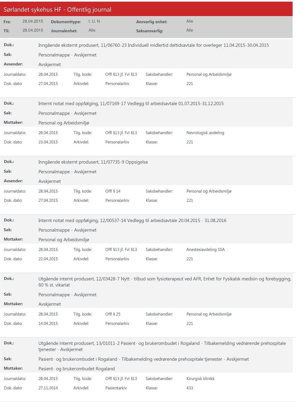 04.2015-31.08.2016 Personalmappe - Anestesiavdeling SSA Dok. dato: 22.04.2015 Arkivdel: Personalarkiv tgående internt produsert, 12/03428-7 Nytt - tilbud som fysioterapeut ved AFR, Enhet for Fysikalsk medisin og forebygging, 60 % st.