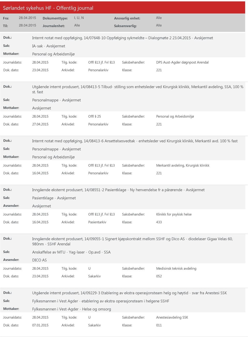 2015 Arkivdel: Personalarkiv tgående internt produsert, 14/08413-5 Tilbud- stilling som enhetsleder ved Kirurgisk klinikk, Merkantil avdeling, SSA, 100 % st. fast Personalmappe - Offl 25 Dok.