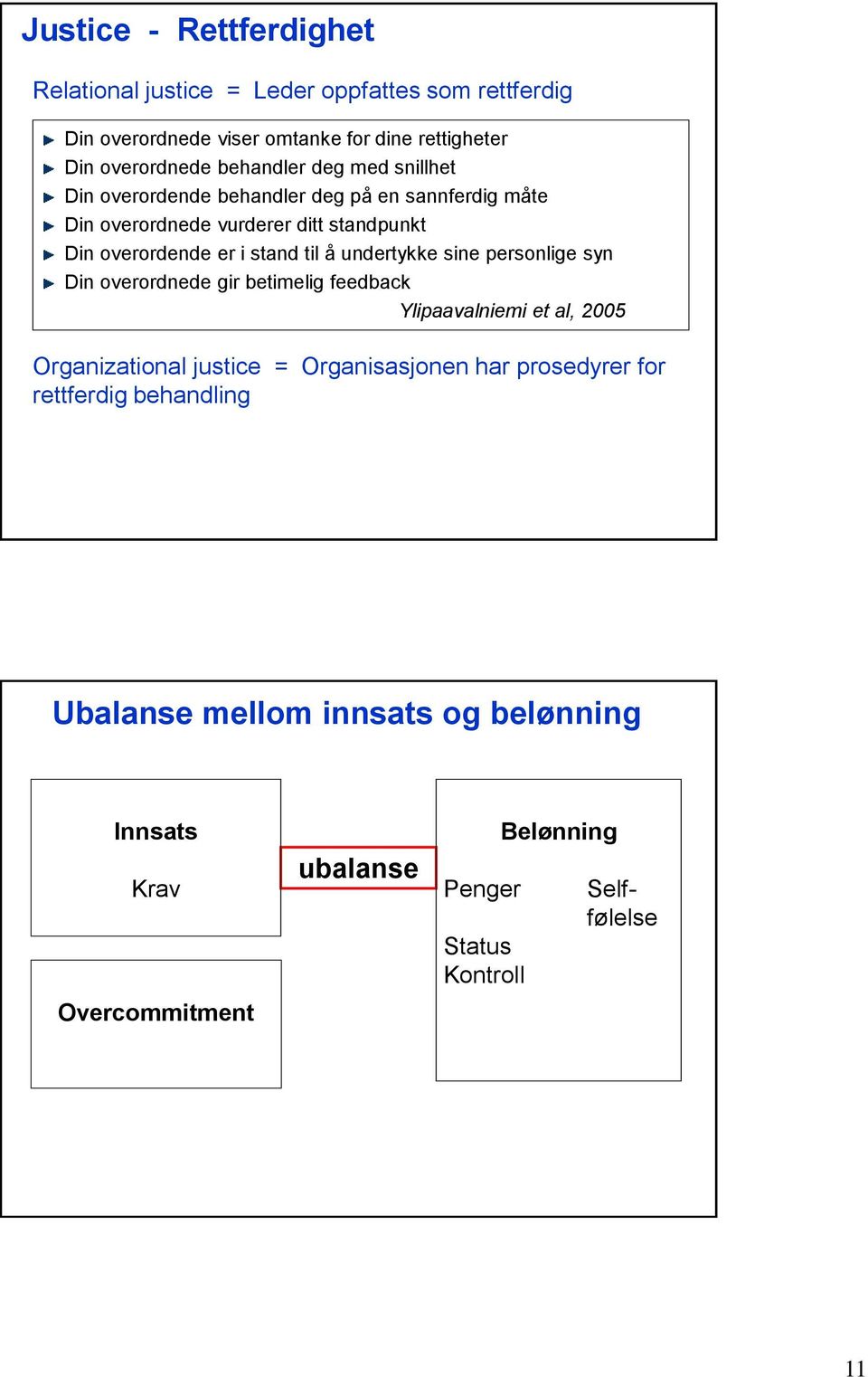 til å undertykke sine personlige syn Din overordnede gir betimelig feedback Ylipaavalniemi et al, 2005 Organizational justice = Organisasjonen har