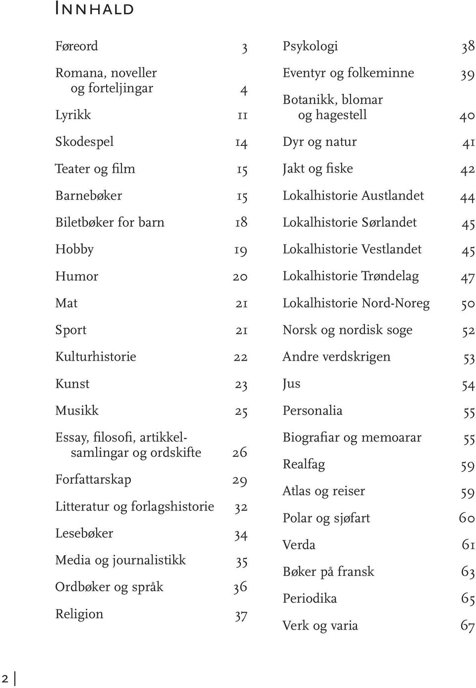 folkeminne 39 Botanikk, blomar og hagestell 40 Dyr og natur 41 Jakt og fiske 42 Lokalhistorie Austlandet 44 Lokalhistorie Sørlandet 45 Lokalhistorie Vestlandet 45 Lokalhistorie Trøndelag 47