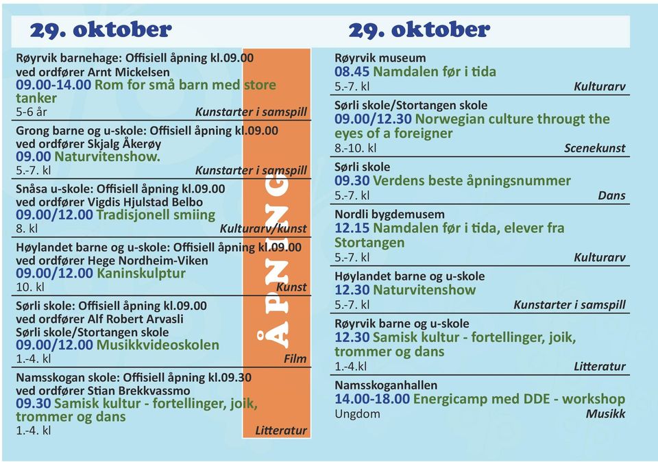 00 Tradisjonell smiing Høylandet barne og u-skole: Offisiell åpning kl.09.00 ved ordfører Hege Nordheim-Viken 09.00/12.00 Kaninskulptur 10. kl Sørli skole: Offisiell åpning kl.09.00 ved ordfører Alf Robert Arvasli Sørli skole/stortangen skole 09.