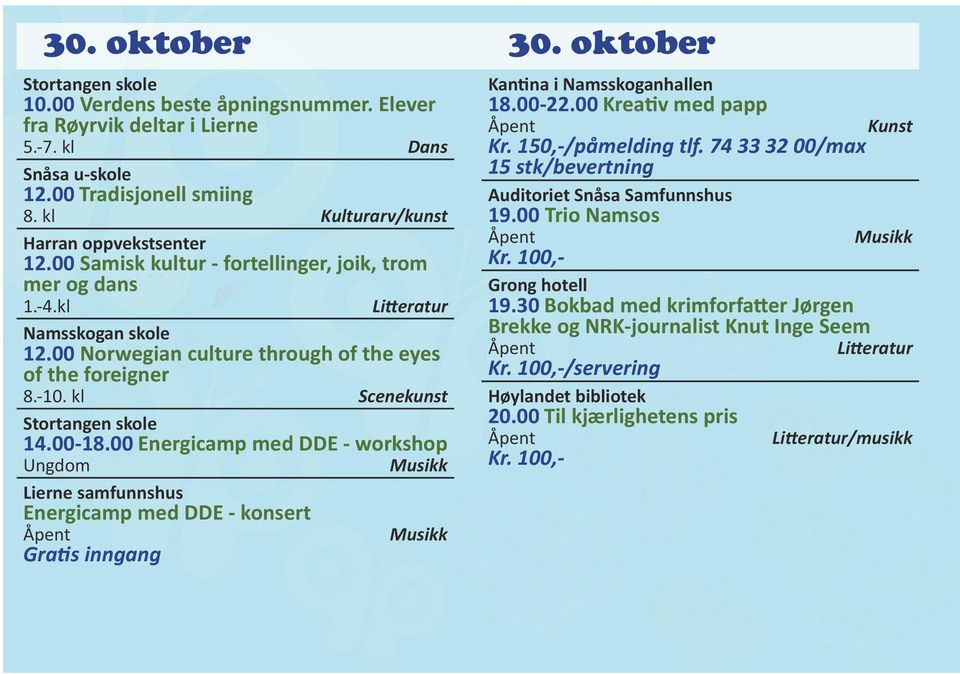 00 Energicamp med DDE - workshop Ungdom Lierne samfunnshus Energicamp med DDE - konsert Gratis inngang 30. oktober Kantina i Namsskoganhallen 18.00-22.00 Kreativ med papp Kr. 150,-/påmelding tlf.