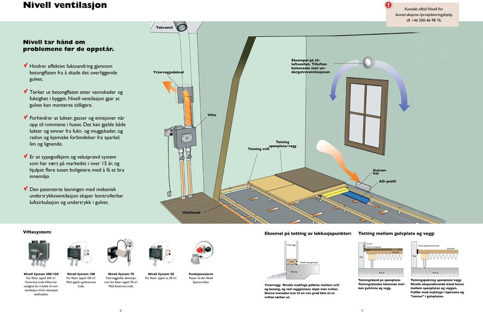 Tilluften balanseres mot undergulvsventilasjonen Tørker ut betongflaten etter vannskader og fuktighet i bygget. Nivell ventilasjon gjør at gulvet kan monteres tidligere.