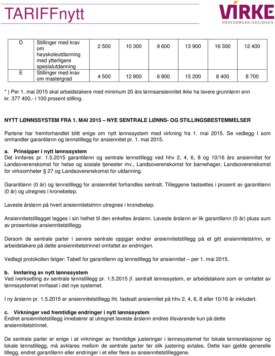 MAI 2015 NYE SENTRALE LØNNS- OG STILLINGSBESTEMMELSER Partene har fremforhandlet blitt enige om nytt lønnssystem med virkning fra 1. mai 2015.