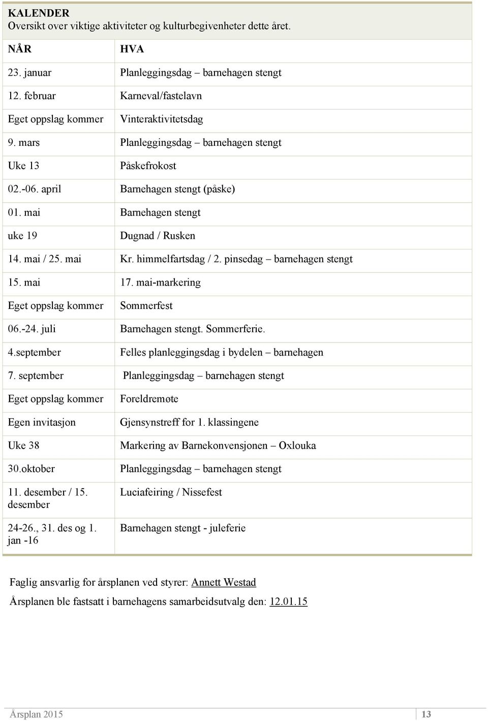 mai Barnehagen stengt uke 19 Dugnad / Rusken 14. mai / 25. mai Kr. himmelfartsdag / 2. pinsedag barnehagen stengt 15. mai 17. mai-markering Eget oppslag kommer Sommerfest 06.-24.