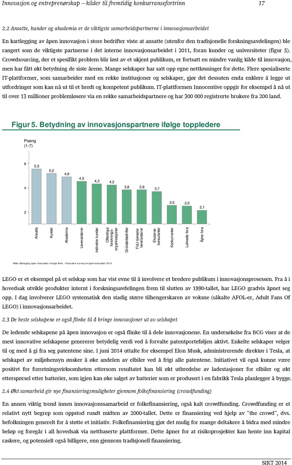 forskningsavdelingen) ble rangert som de viktigste partnerne i det interne innovasjonsarbeidet i 2011, foran kunder og universiteter (figur 5).