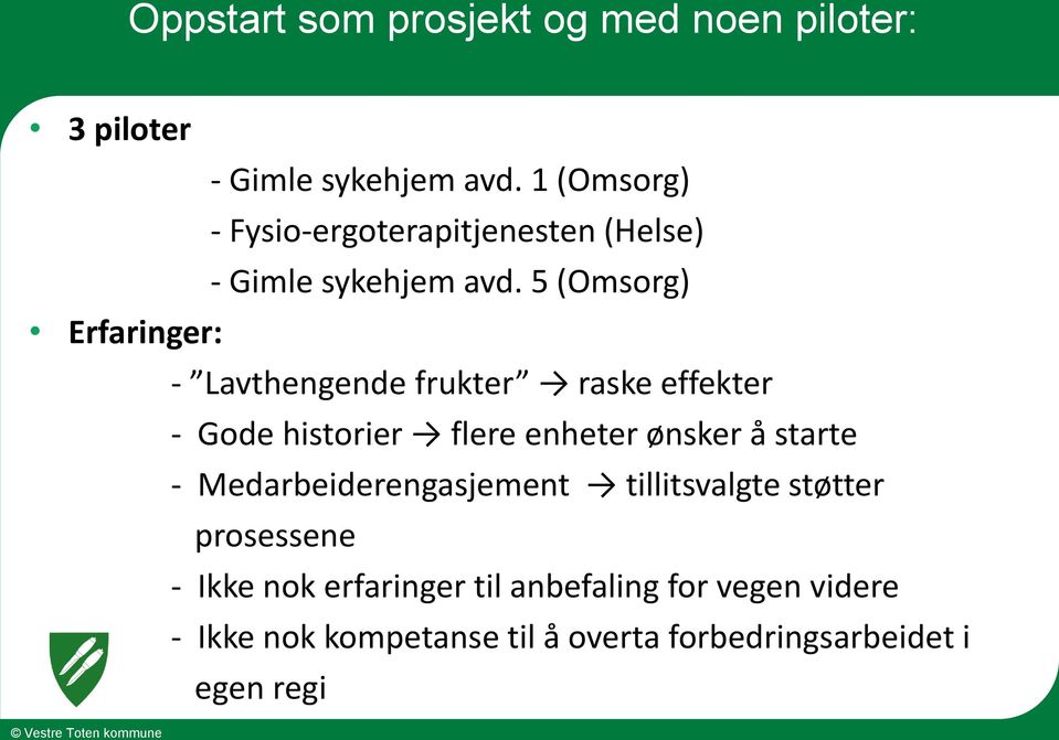 5 (Omsorg) Erfaringer: - Lavthengende frukter raske effekter - Gode historier flere enheter ønsker å starte -