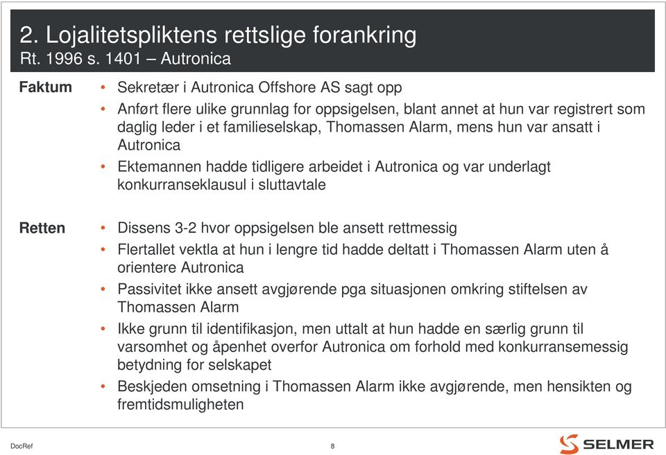 mens hun var ansatt i Autronica Ektemannen hadde tidligere arbeidet i Autronica og var underlagt konkurranseklausul i sluttavtale Retten Dissens 3-2 hvor oppsigelsen ble ansett rettmessig Flertallet