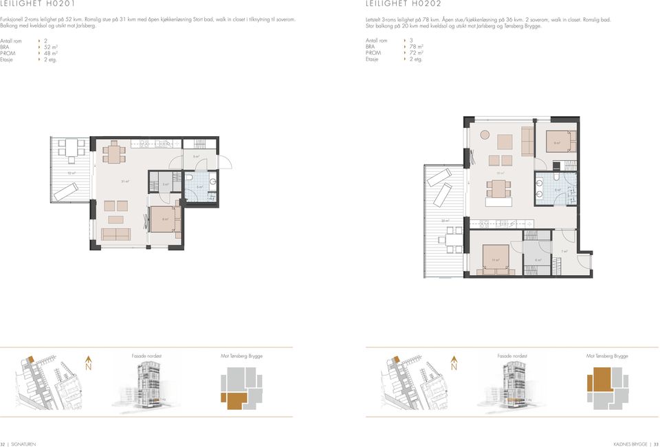 Stor balkong på 20 kvm med kveldsol og utsikt mot Jarlsberg og Tønsberg Brygge. Antall rom BRA P-ROM Etasje Antall rom BRA P-ROM Etasje 2 52 m2 48 m2 2 etg. 3 78 m2 72 m2 2 etg.
