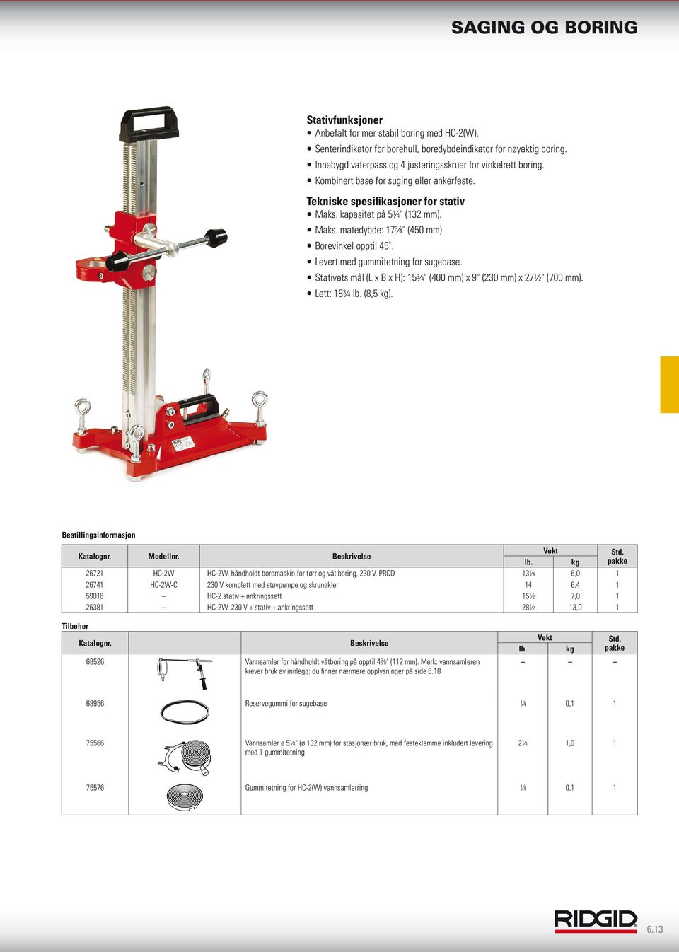 Levert med gummitetning for sugebase. Stativets mål (L x B x H): 15 3 4" (400 mm) x 9" (230 mm) x 27 1 2" (700 mm). Lett: 18 3 4 lb. (8,5 kg). Bestillingsinformasjon Modellnr.