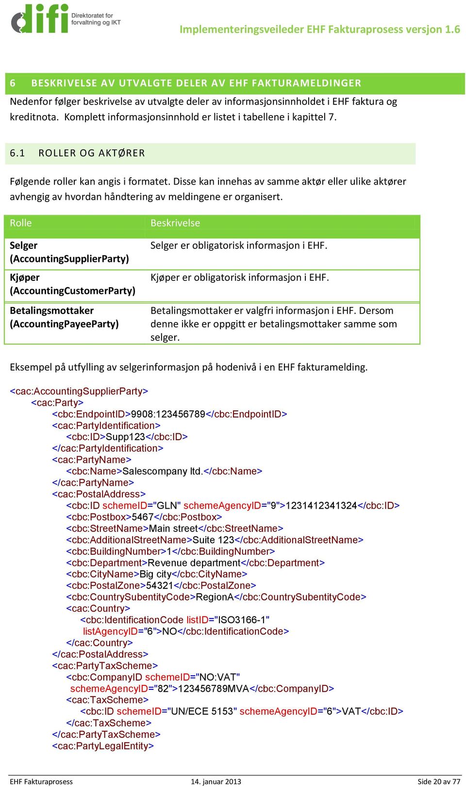 Komplett informasjonsinnhold er listet i tabellene i kapittel 7. 6.1 ROLLER OG AKTØRER ølgende roller kan angis i formatet.