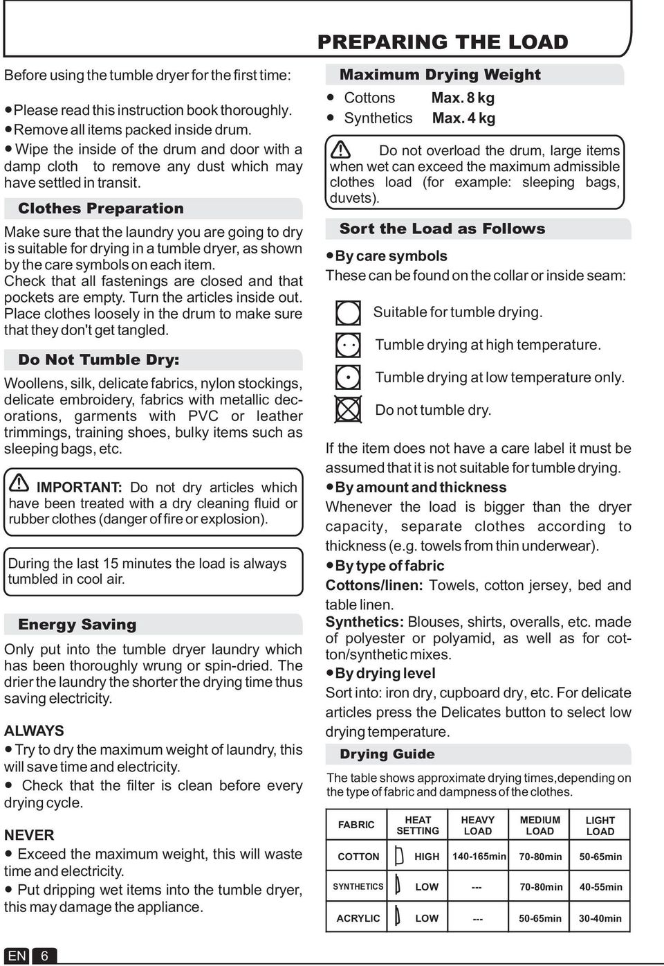 Clothes Preparation Make sure that the laundry you are going to dry is suitable for drying in a tumble dryer, as shown by the care symbols on each item.