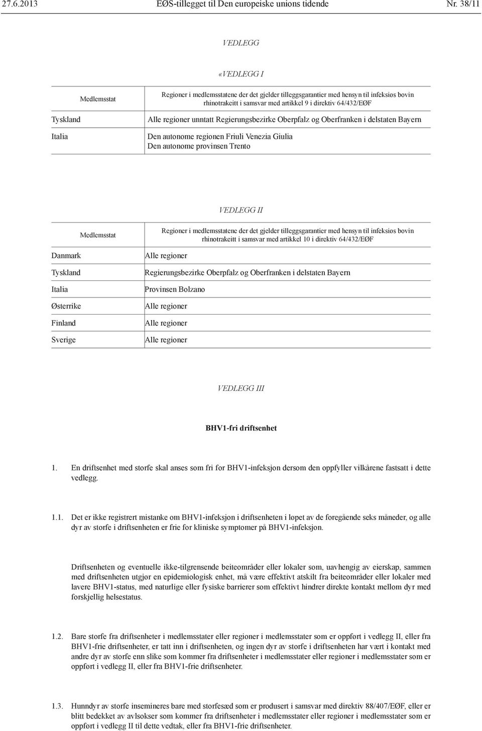 64/432/EØF Alle regioner unntatt Regierungsbezirke Oberpfalz og Oberfranken i delstaten Bayern Den autonome regionen Friuli Venezia Giulia Den autonome provinsen Trento VEDLEGG II Medlemsstat Danmark