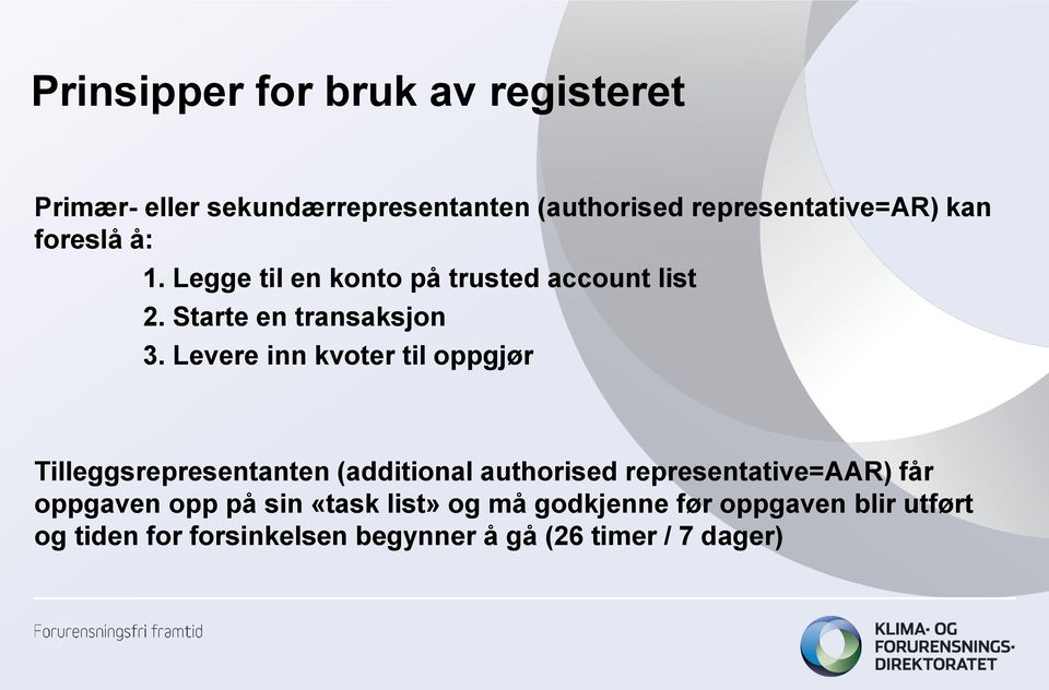 Levere inn kvoter til oppgjør Tilleggsrepresentanten (additional authorised representative=aar) får