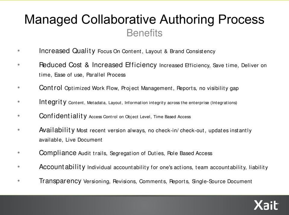 (Integrations) Confidentiality Access Control on Object Level, Time Based Access Availability Most recent version always, no check-in/check-out, updates instantly available, Live Document Compliance