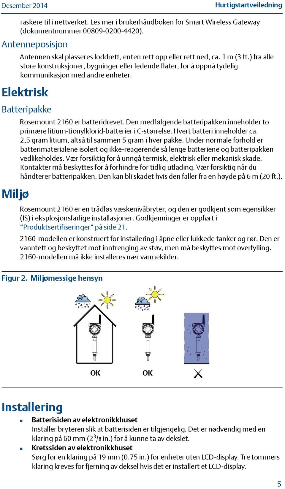 ) fra alle store konstruksjoner, bygninger eller ledende flater, for å oppnå tydelig kommunikasjon med andre enheter. Elektrisk Batteripakke Miljø Rosemount 2160 er batteridrevet.