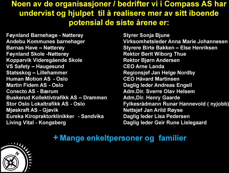 Rektor Bjørn Andersen VS Safety Haugesund CEO Arne Landa Statsskog Lillehammer Regionsjef Jan Helge Nordby Human Motion AS - Oslo CEO Håvard Martinsen Martin Fidem AS - Oslo Daglig leder Andreas