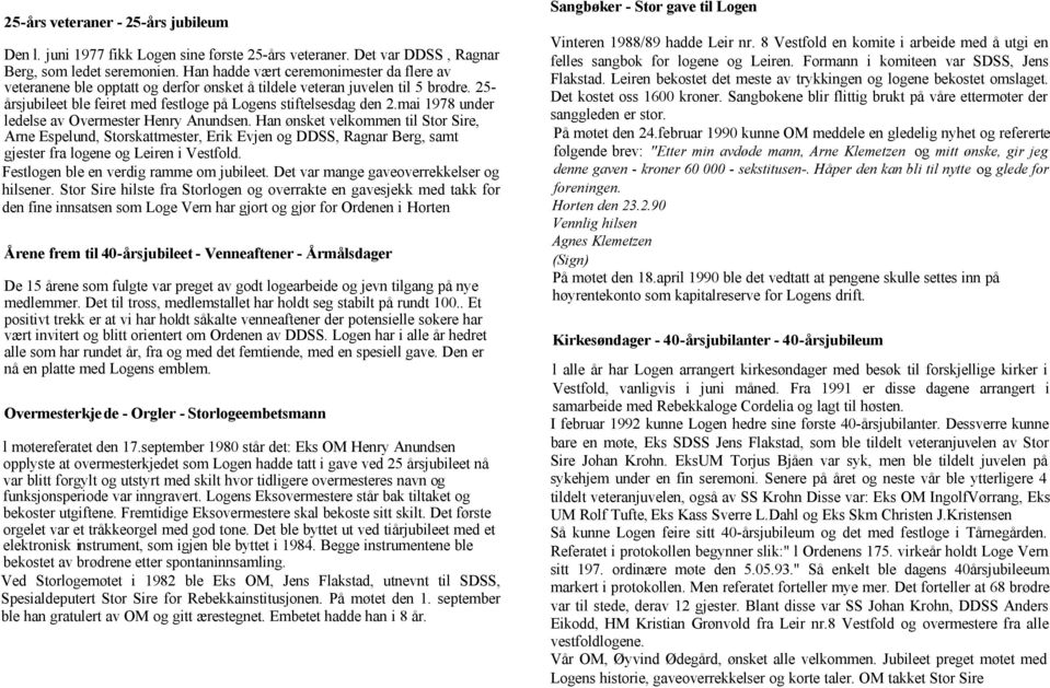 mai 1978 under ledelse av Overmester Henry Anundsen. Han ønsket velkommen til Stor Sire, Arne Espelund, Storskattmester, Erik Evjen og DDSS, Ragnar Berg, samt gjester fra logene og Leiren i Vestfold.