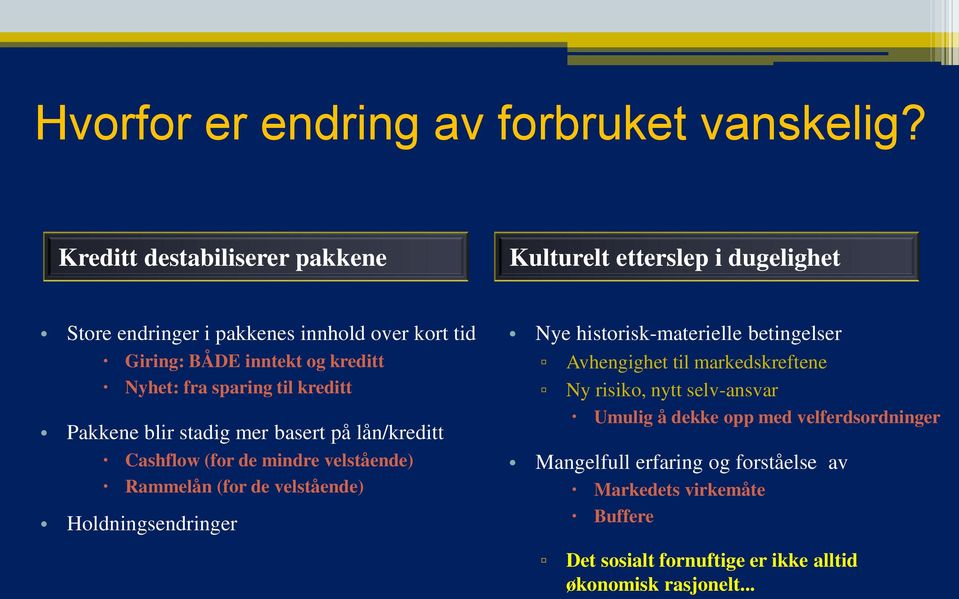 fra sparing til kreditt Pakkene blir stadig mer basert på lån/kreditt Cashflow (for de mindre velstående) Rammelån (for de velstående)