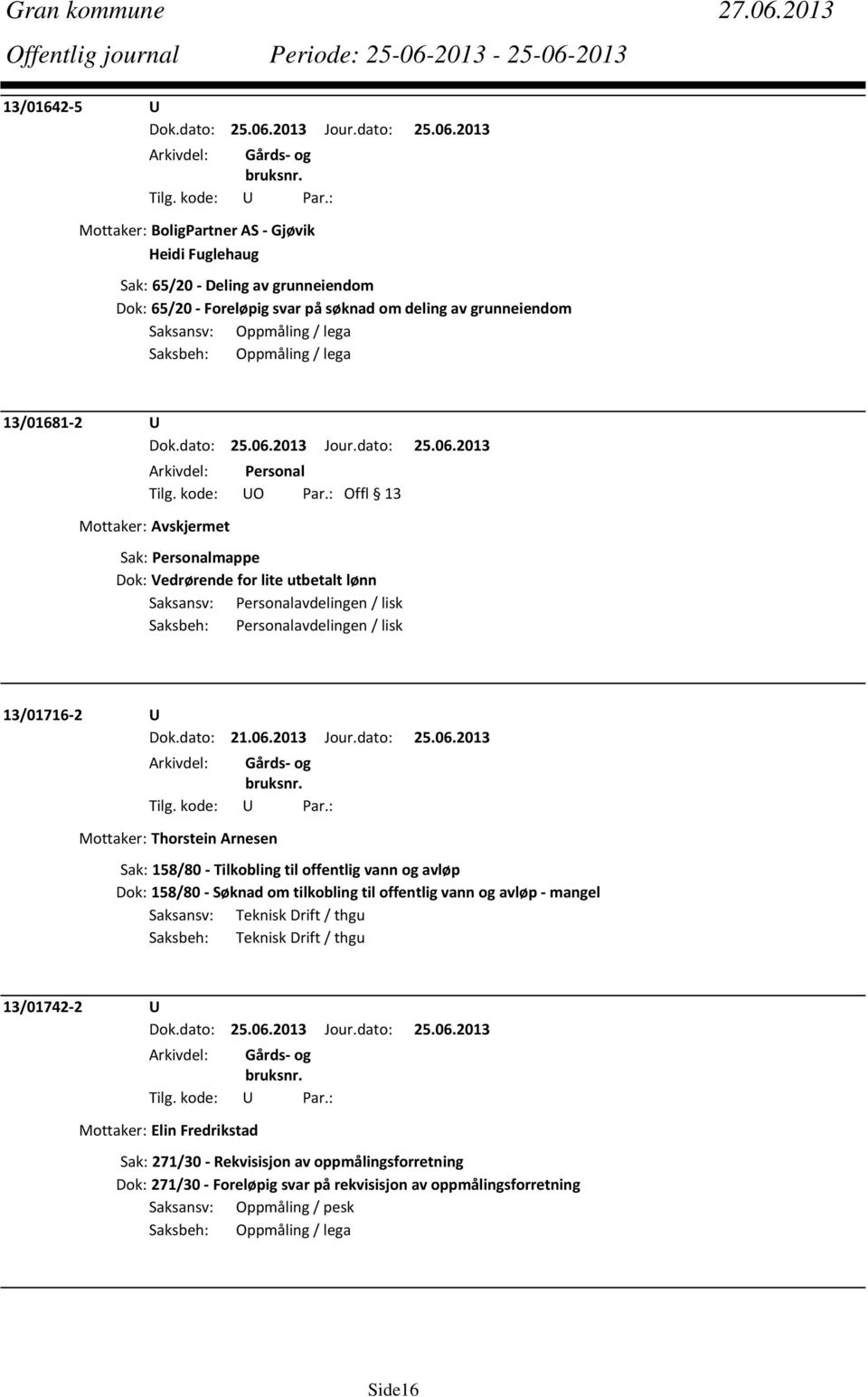 Oppmåling / lega 13/01681 2 U Mottaker: Avskjermet Dok: Vedrørende for lite utbetalt lønn Saksansv: Personalavdelingen / lisk Saksbeh: Personalavdelingen / lisk 13/01716 2 U Dok.dato: 21.06.2013 Jour.